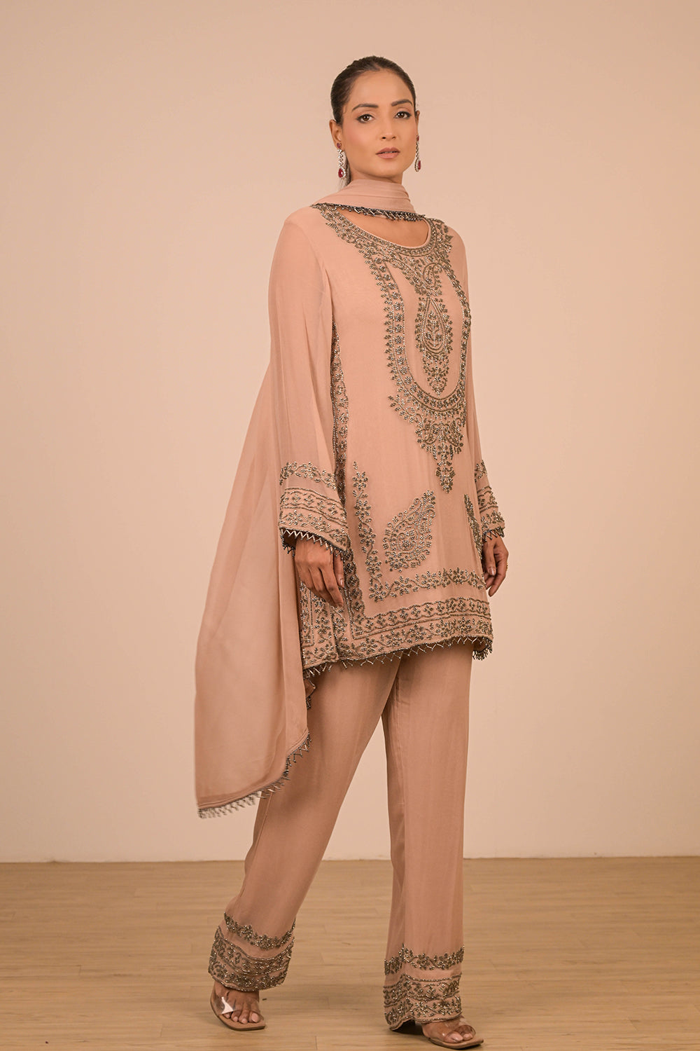 Mouse Pearl Embroidered Georgette Kurta Set