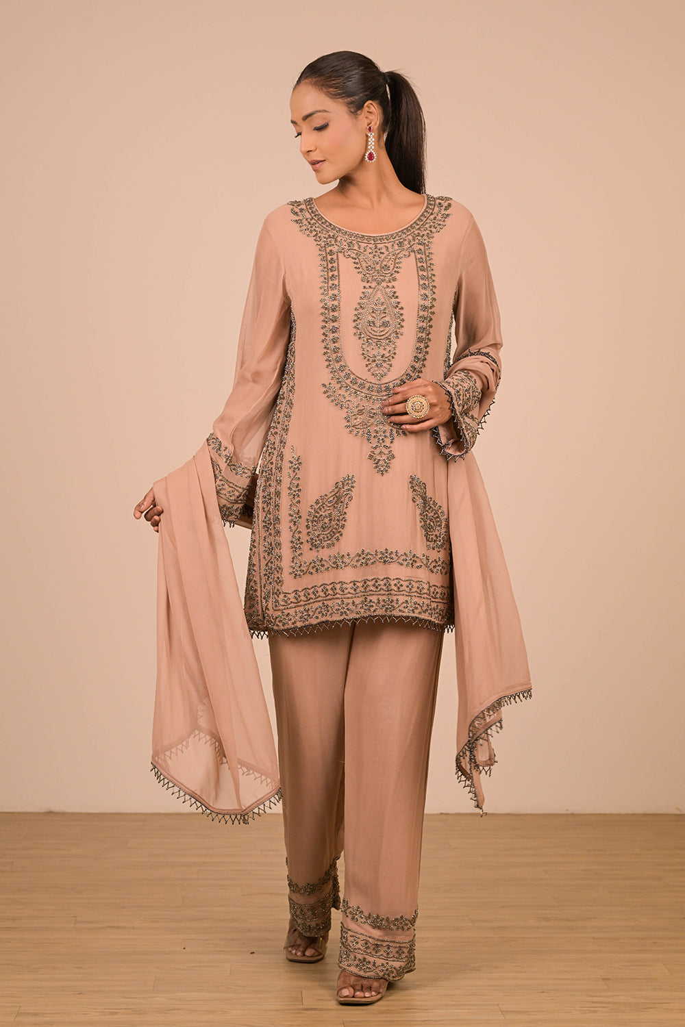 Mouse Pearl Embroidered Georgette Kurta Set