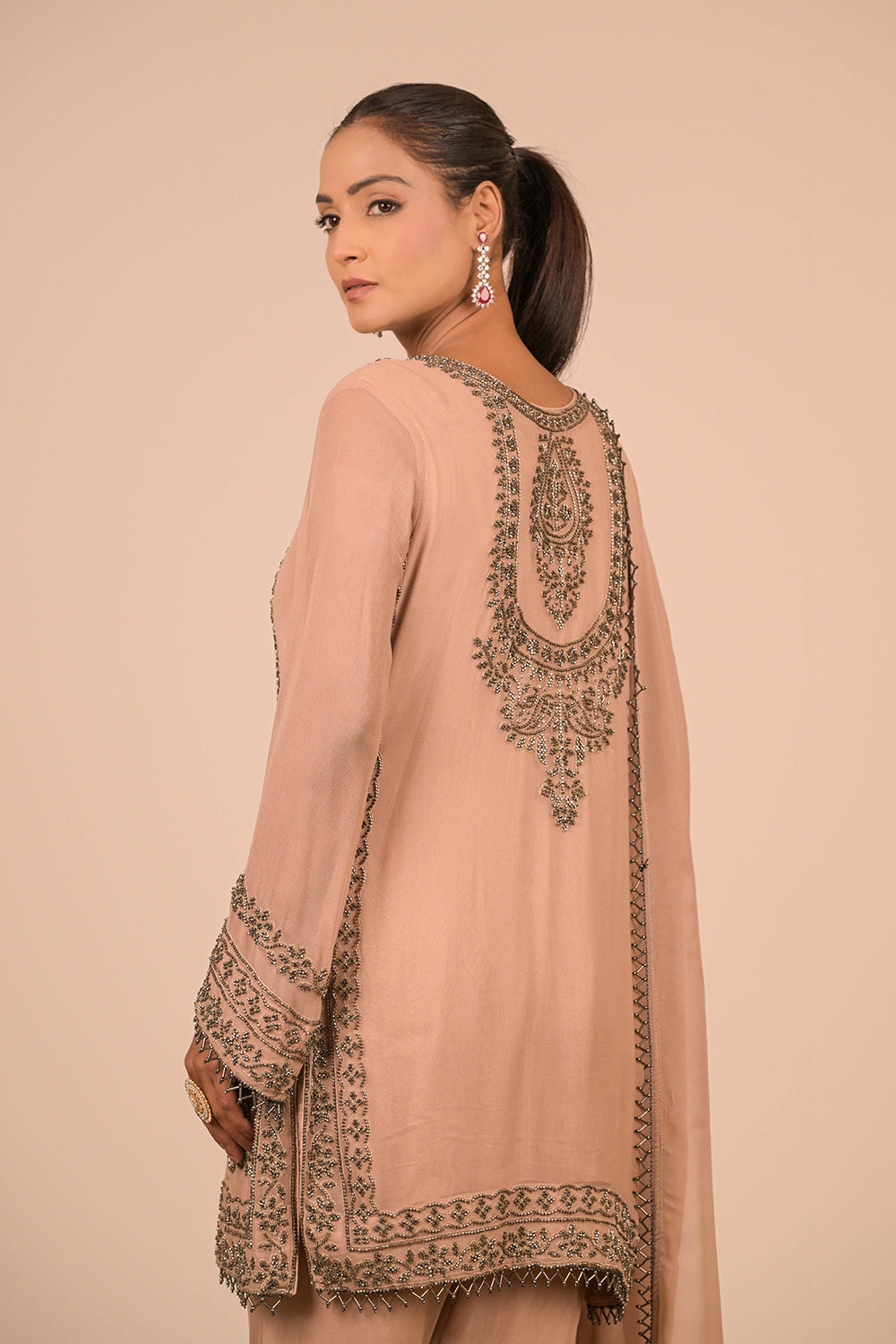 Mouse Pearl Embroidered Georgette Kurta Set