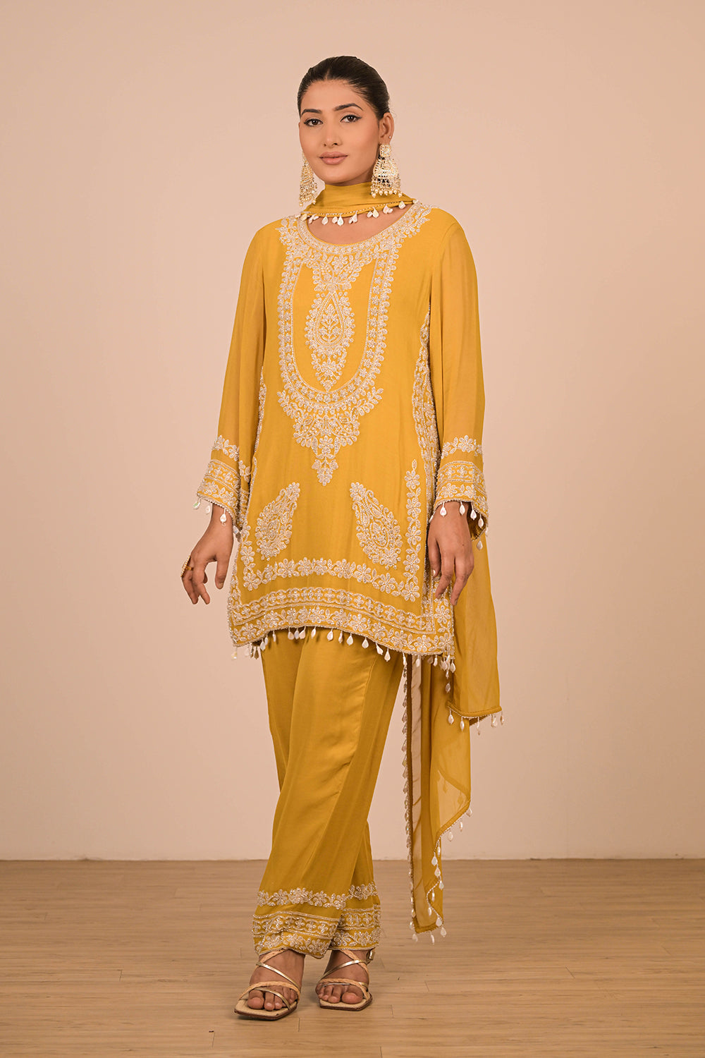 Mustard Yellow Georgette Suit Set with Intricate Moti Embroidery