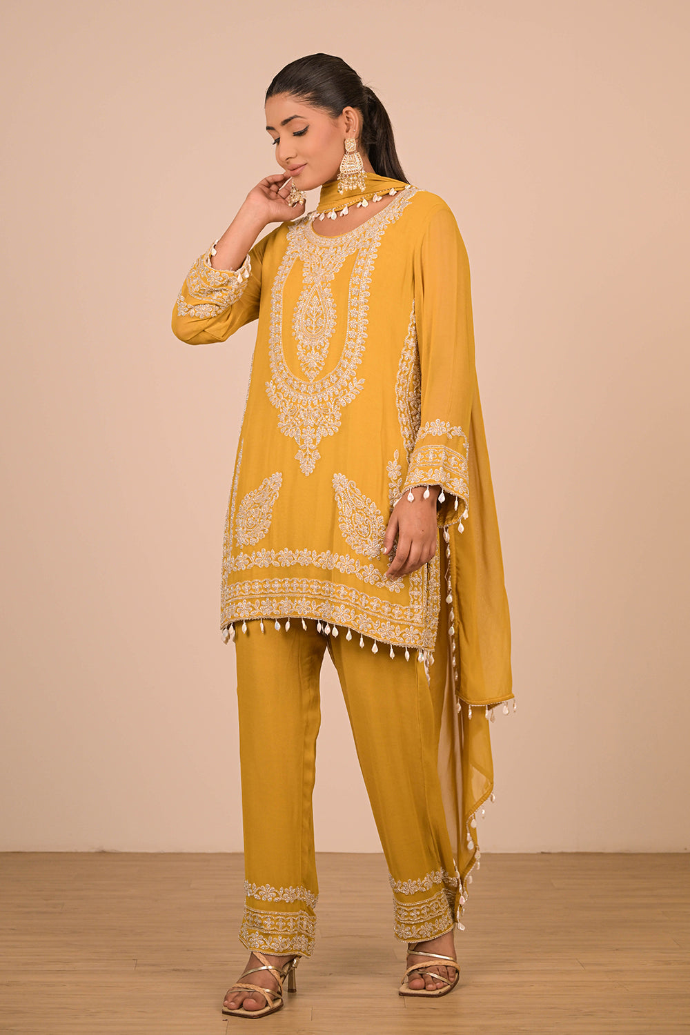 Mustard Yellow Georgette Suit Set with Intricate Moti Embroidery