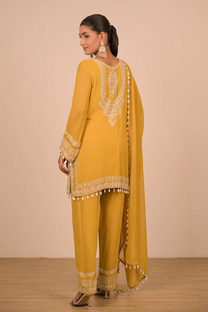 Mustard Yellow Georgette Suit Set with Intricate Moti Embroidery