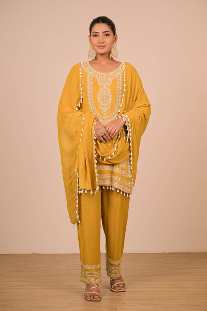 Mustard Yellow Georgette Suit Set with Intricate Moti Embroidery
