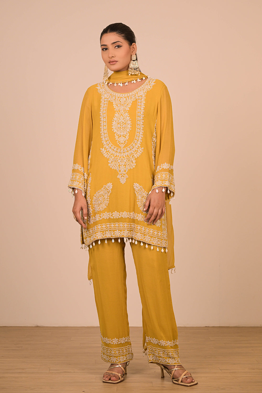 Mustard Yellow Georgette Suit Set with Intricate Moti Embroidery