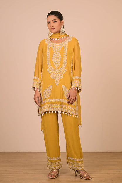 Mustard Yellow Georgette Suit Set with Intricate Moti Embroidery
