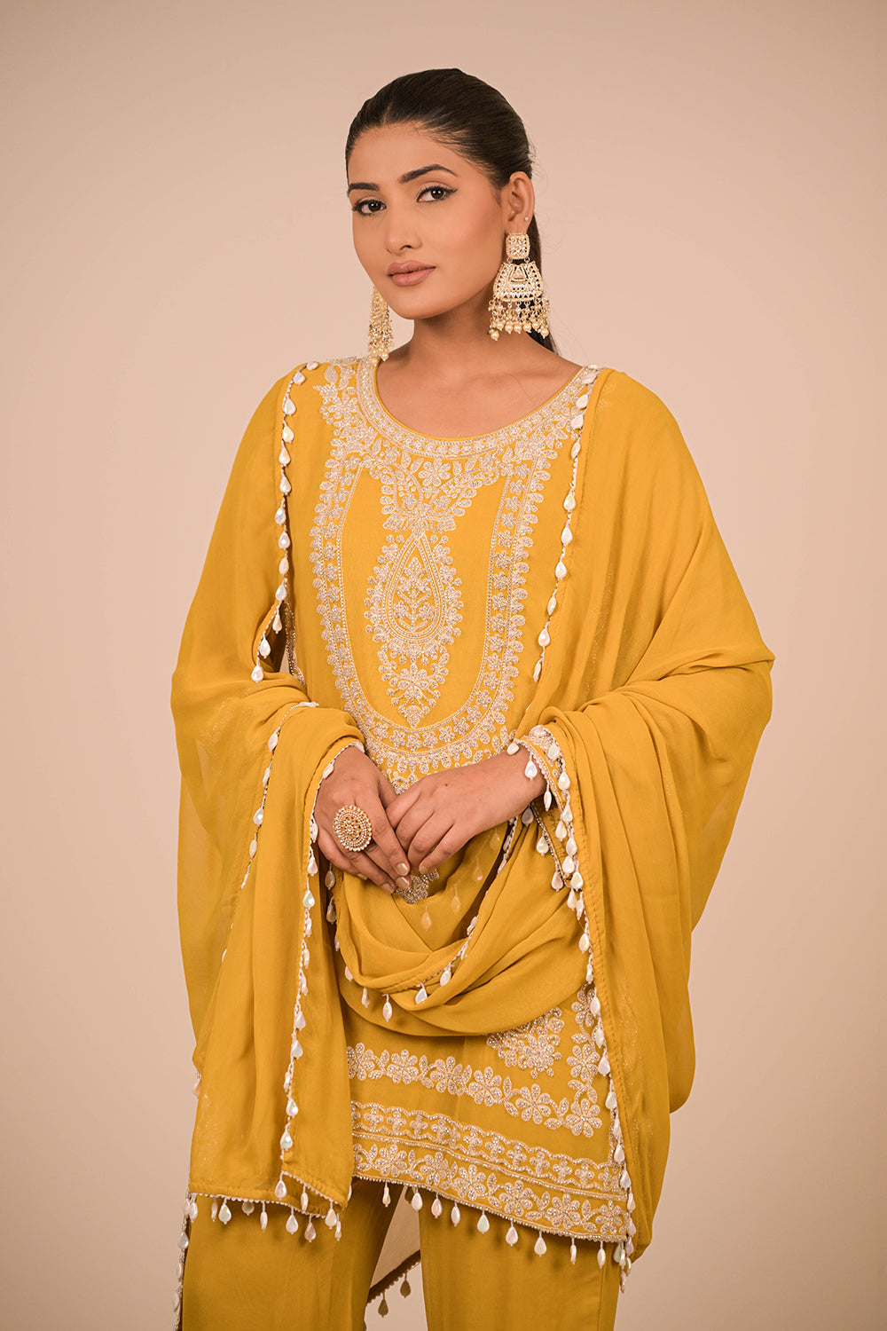 Mustard Yellow Georgette Suit Set with Intricate Moti Embroidery