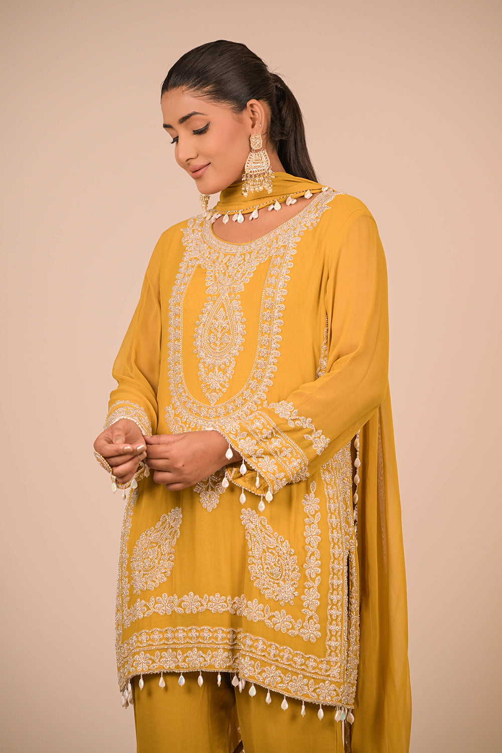 Mustard Yellow Georgette Suit Set with Intricate Moti Embroidery