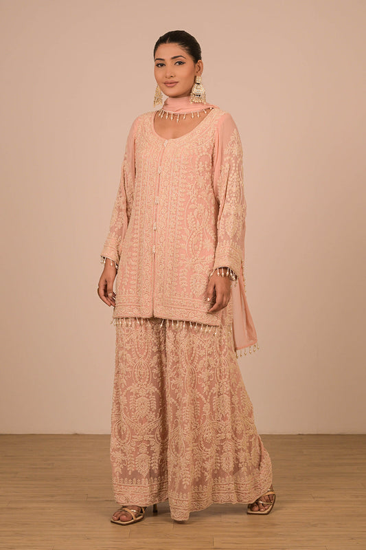 Peach Georgette Sharara Set with Intricate Moti Embroidery
