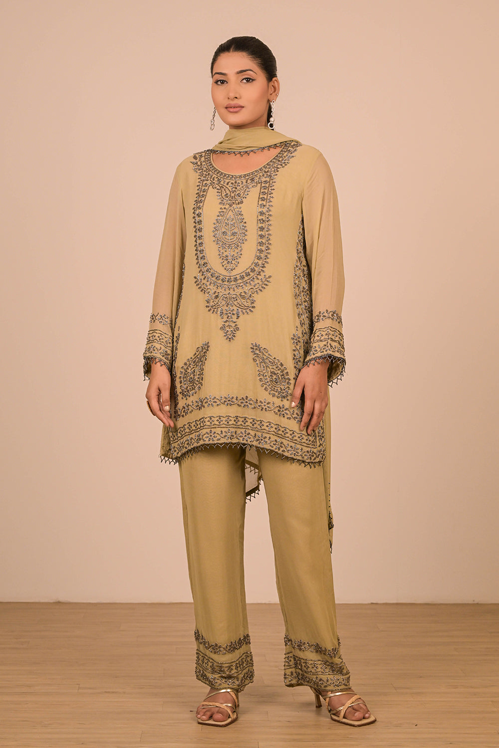 Pista Pearl Embroidered Georgette Kurta Set