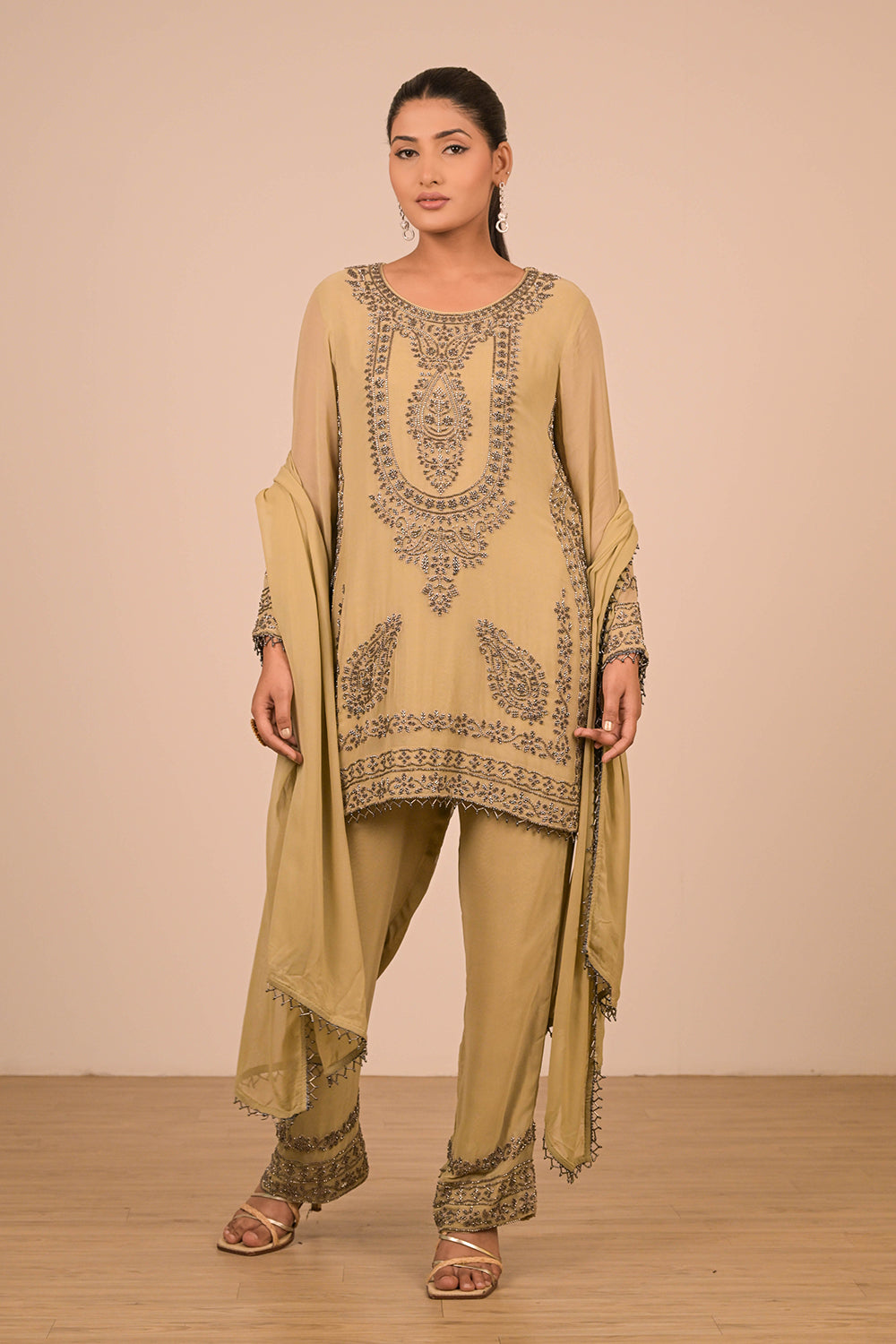 Pista Pearl Embroidered Georgette Kurta Set