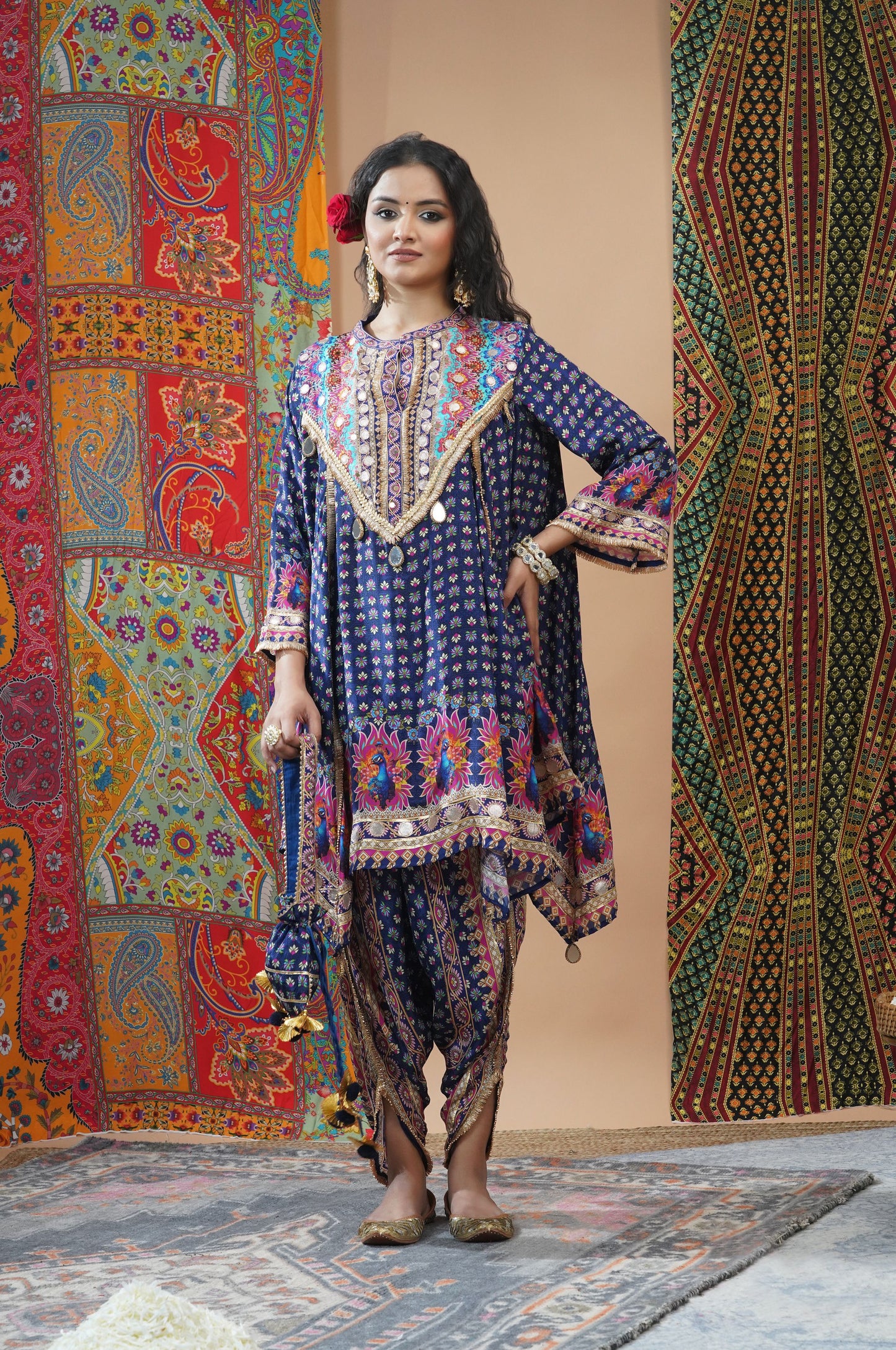 Peacock Blue Viscose Anarkali with Tulip Pant - Swara Collection