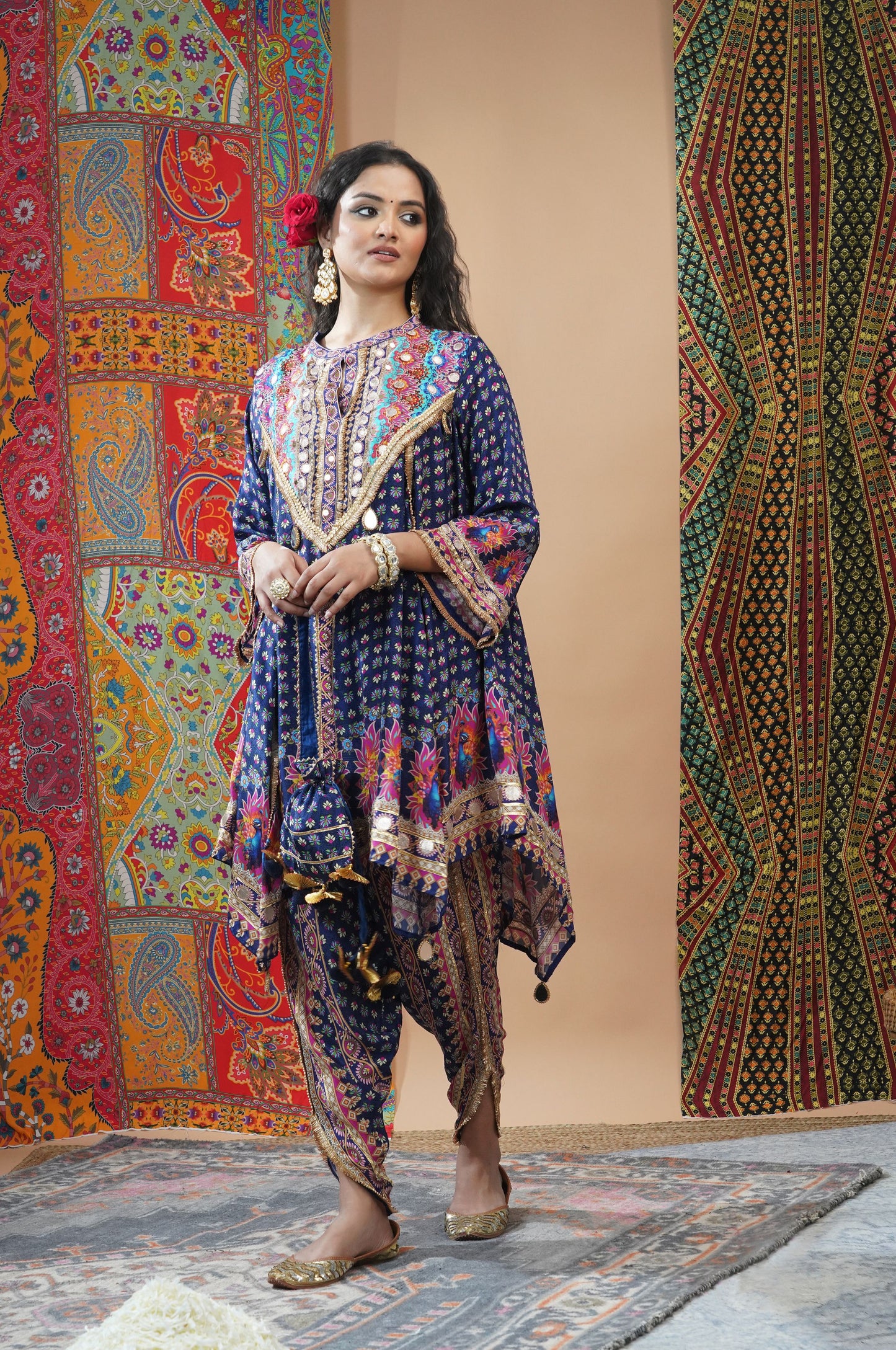 Peacock Blue Viscose Anarkali with Tulip Pant - Swara Collection