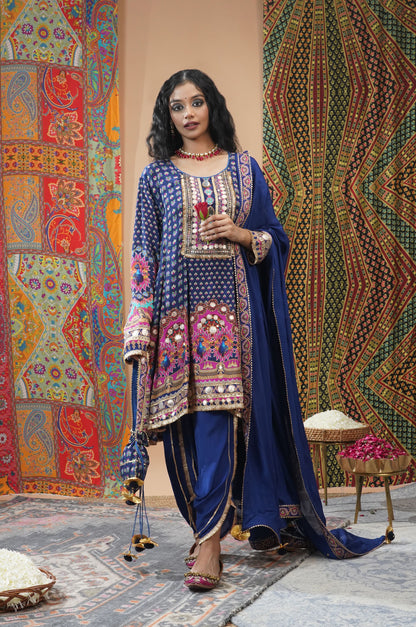 Peacock Blue Viscose Anarkali with Dhoti Pant - Swara Collection