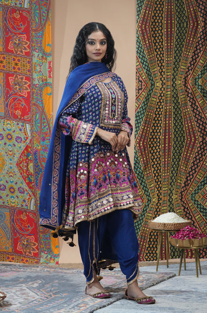 Peacock Blue Viscose Anarkali with Dhoti Pant - Swara Collection