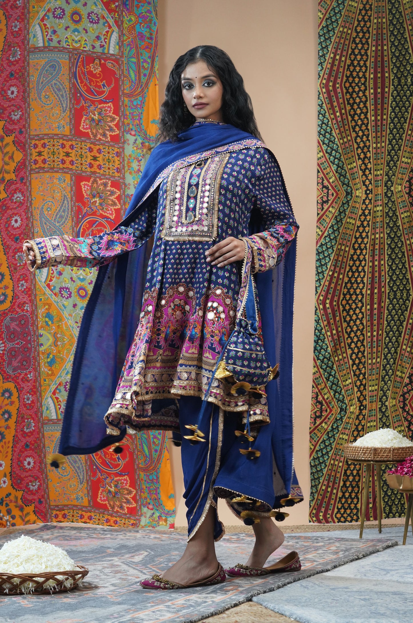 Peacock Blue Viscose Anarkali with Dhoti Pant - Swara Collection