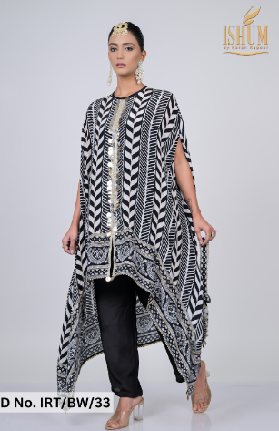 Elegant Black & White Patterned Kaftan with Lace Embellishments - Cotton Muslin #ISH033