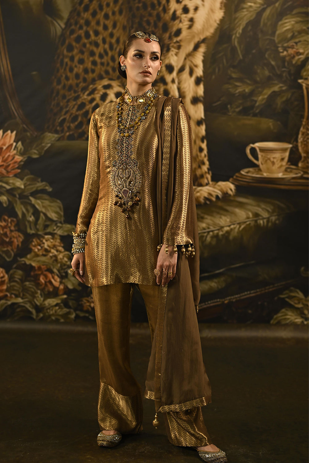 Antique Gold Banarsi Silk Tissue Brocade Kurta Set With Detailed Neckline And Wide Trousers