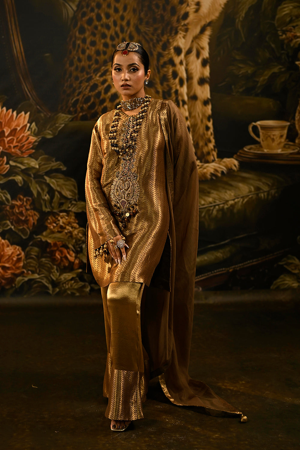 Antique Gold Banarsi Silk Tissue Brocade Kurta Set With Detailed Neckline And Wide Trousers