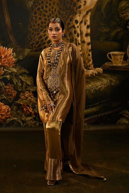 Antique Gold Banarsi Silk Tissue Brocade Kurta Set With Detailed Neckline And Wide Trousers