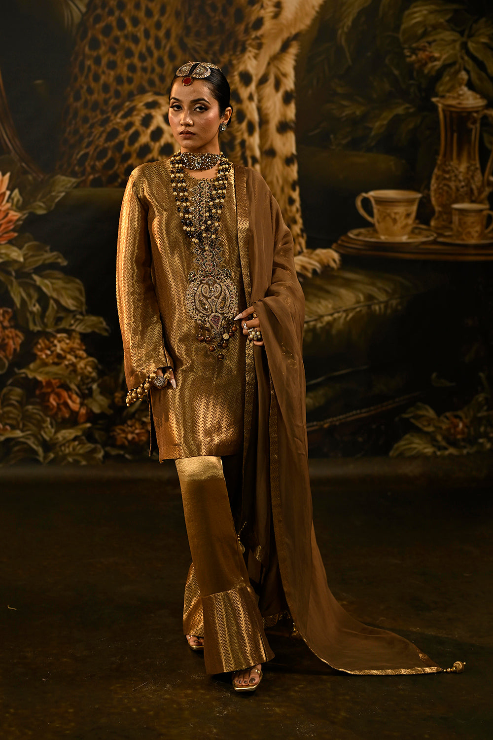 Antique Gold Banarsi Silk Tissue Brocade Kurta Set With Detailed Neckline And Wide Trousers