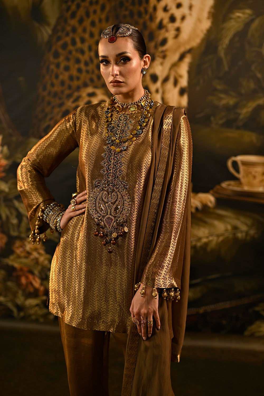 Antique Gold Banarsi Silk Tissue Brocade Kurta Set With Detailed Neckline And Wide Trousers