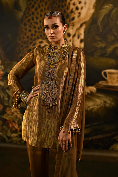 Antique Gold Banarsi Silk Tissue Brocade Kurta Set With Detailed Neckline And Wide Trousers