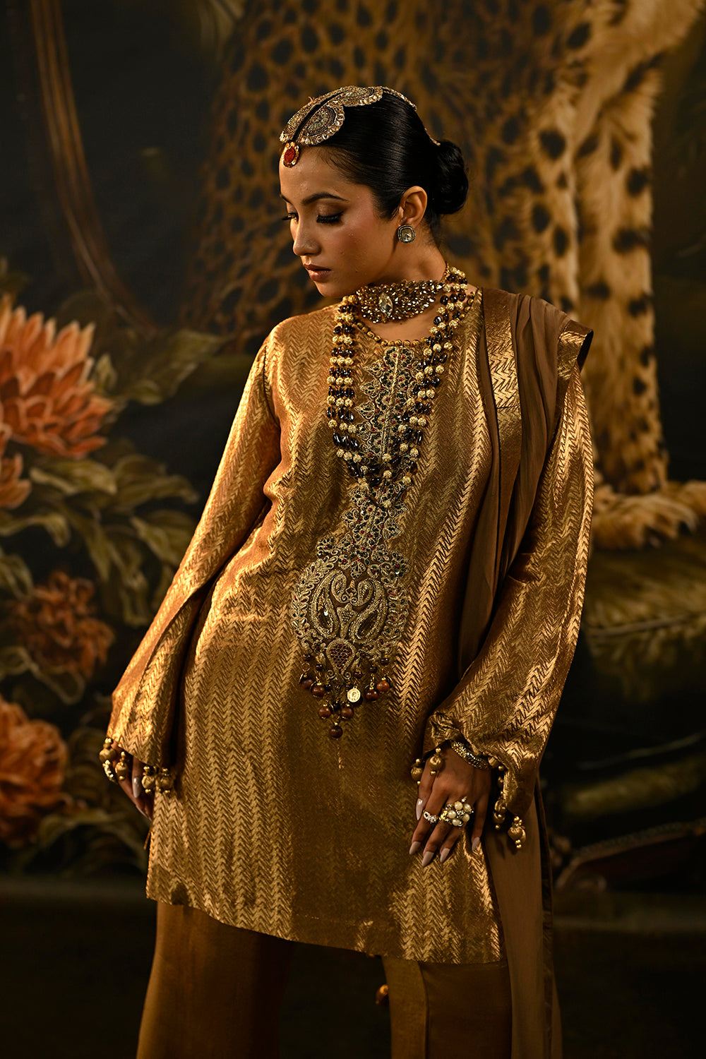 Antique Gold Banarsi Silk Tissue Brocade Kurta Set With Detailed Neckline And Wide Trousers