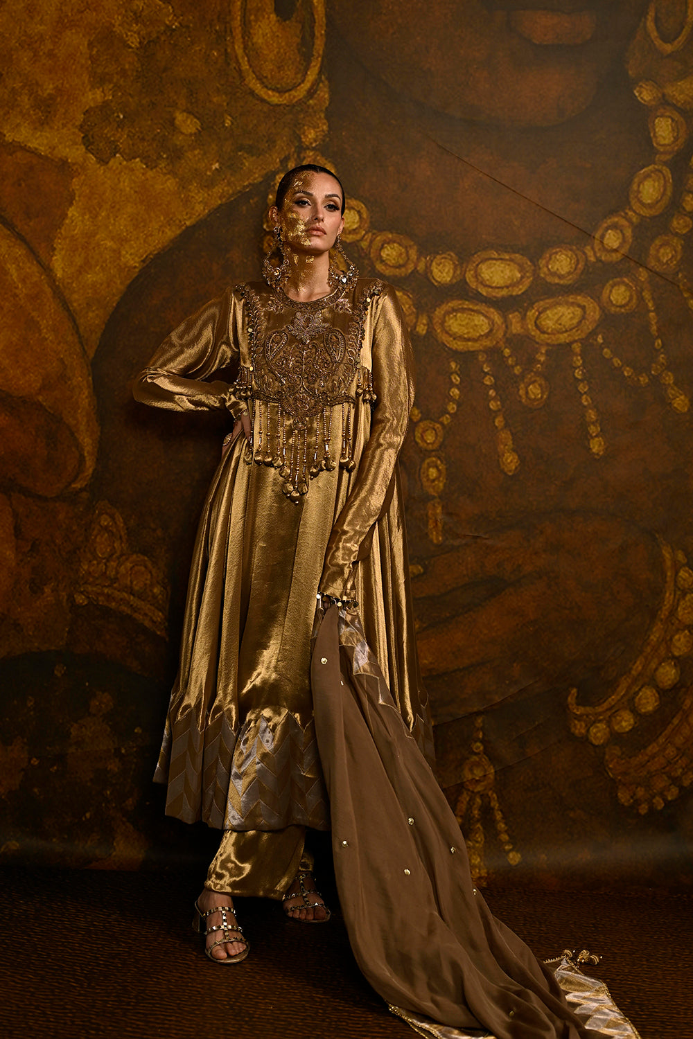 Antique Gold Banarsi Silk Tissue Brocade Kurta Set With Draped Dupatta And Royal Detailing