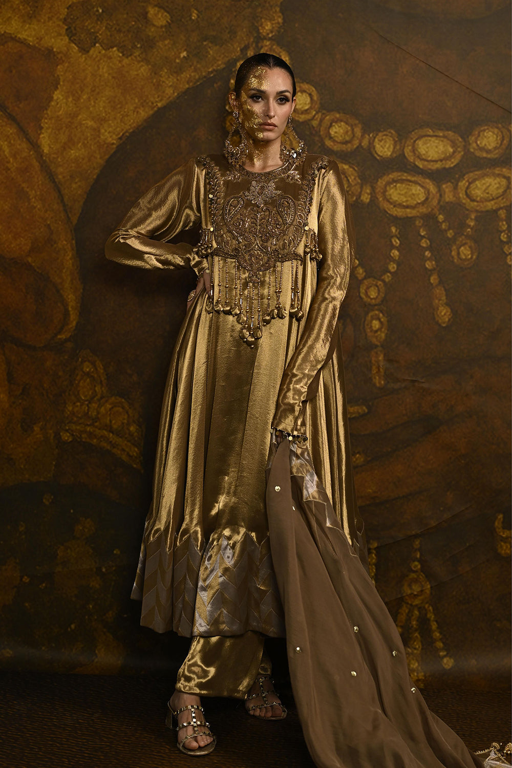 Antique Gold Banarsi Silk Tissue Brocade Kurta Set With Draped Dupatta And Royal Detailing