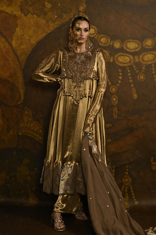 Antique Gold Banarsi Silk Tissue Brocade Kurta Set With Draped Dupatta And Royal Detailing
