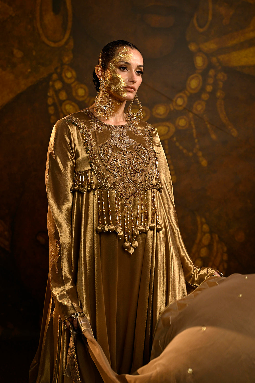 Antique Gold Banarsi Silk Tissue Brocade Kurta Set With Draped Dupatta And Royal Detailing