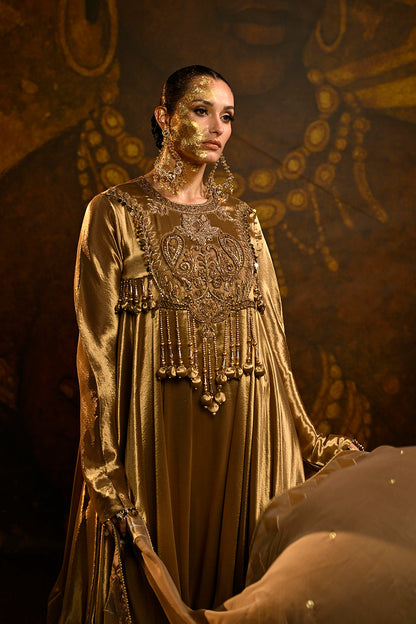 Antique Gold Banarsi Silk Tissue Brocade Kurta Set With Draped Dupatta And Royal Detailing