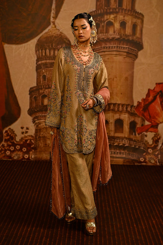 Beige Tissue Kurta Set With Delicate Floral Detailing And Rose Pink Dupatta Styling