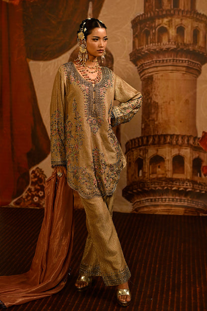 Beige Tissue Kurta Set With Delicate Floral Detailing And Rose Pink Dupatta Styling