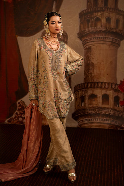 Beige Tissue Kurta Set With Delicate Floral Detailing And Rose Pink Dupatta Styling