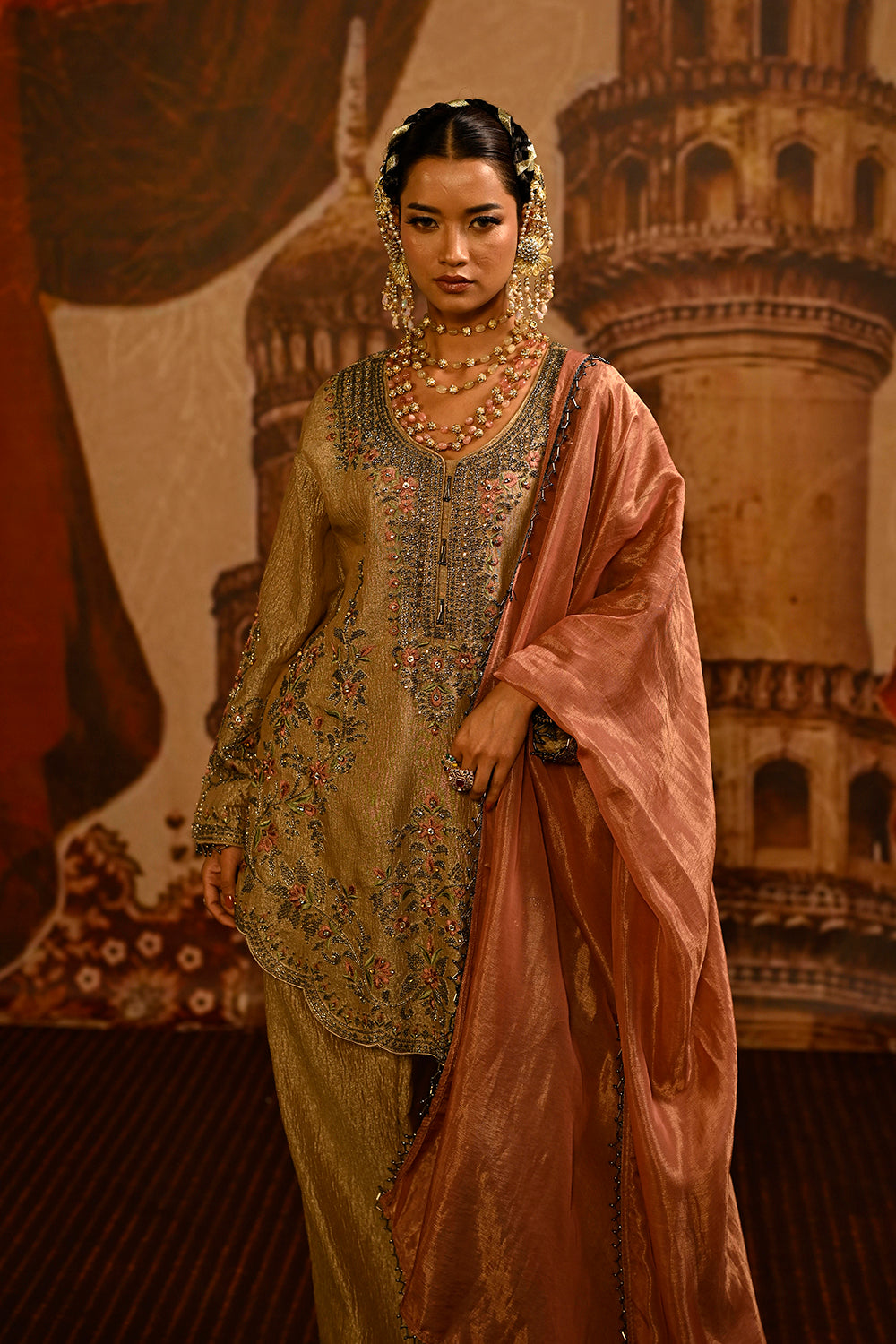 Beige Tissue Kurta Set With Delicate Floral Detailing And Rose Pink Dupatta Styling