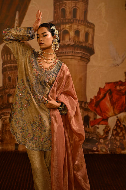 Beige Tissue Kurta Set With Delicate Floral Detailing And Rose Pink Dupatta Styling