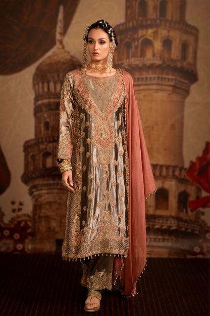 Mouse Banarsi Silk Tissue Kurta Set With Floral Embroidery And Peach Dupatta Elegance