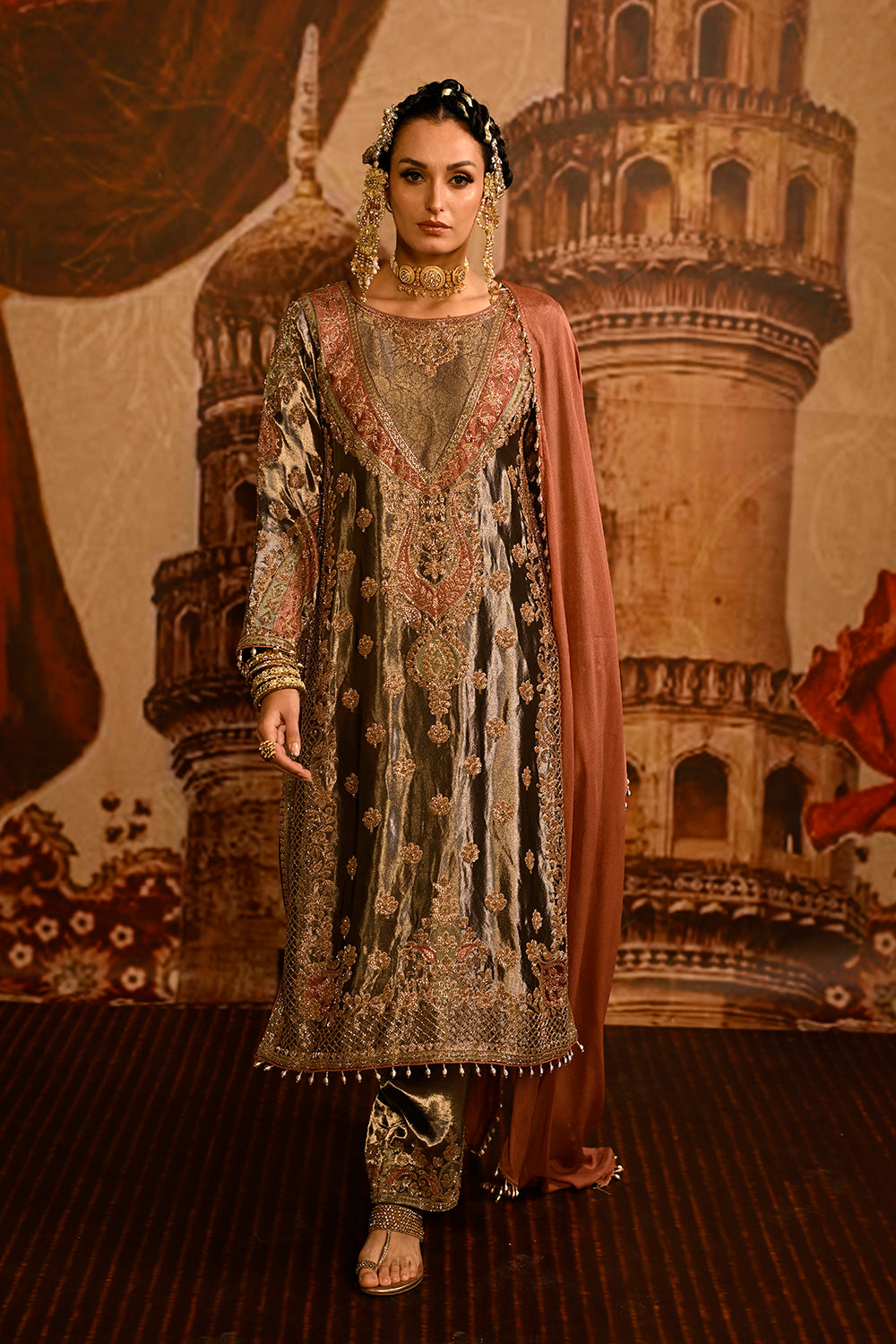 Mouse Banarsi Silk Tissue Kurta Set With Floral Embroidery And Peach Dupatta Elegance