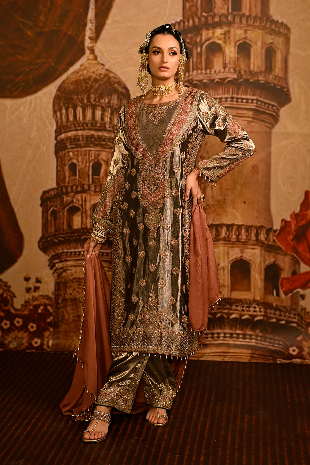 Mouse Banarsi Silk Tissue Kurta Set With Floral Embroidery And Peach Dupatta Elegance
