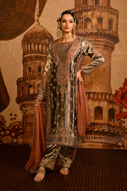 Mouse Banarsi Silk Tissue Kurta Set With Floral Embroidery And Peach Dupatta Elegance