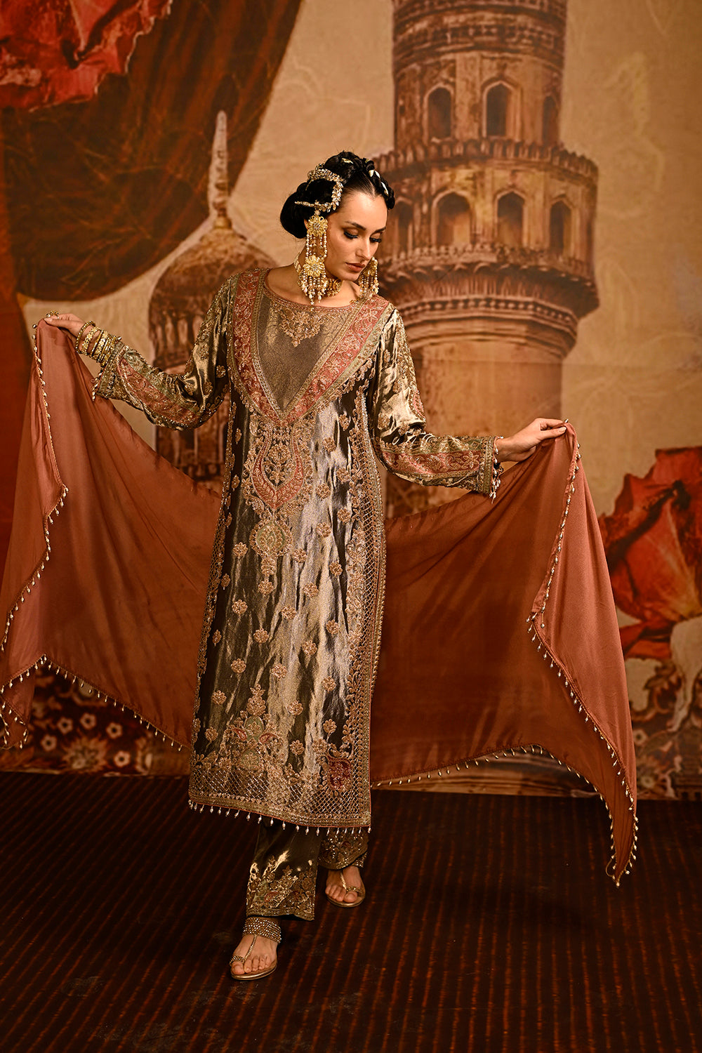 Mouse Banarsi Silk Tissue Kurta Set With Floral Embroidery And Peach Dupatta Elegance