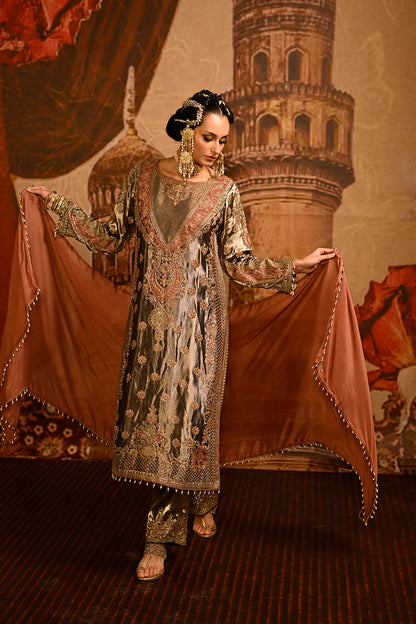 Mouse Banarsi Silk Tissue Kurta Set With Floral Embroidery And Peach Dupatta Elegance