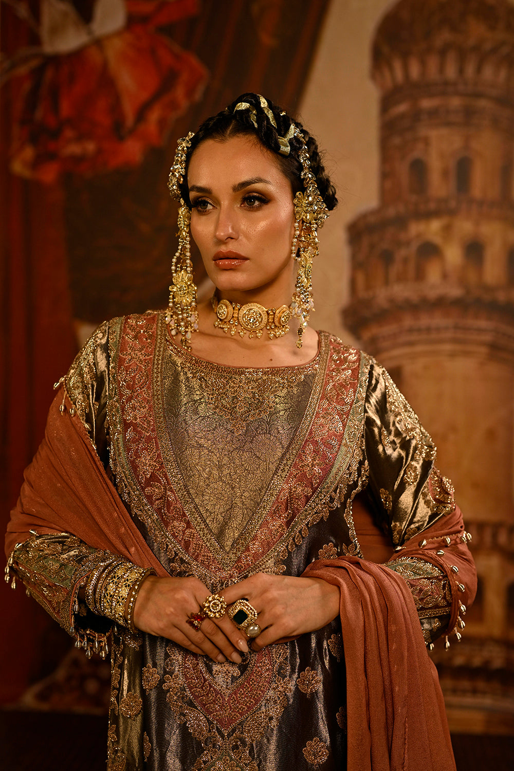 Mouse Banarsi Silk Tissue Kurta Set With Floral Embroidery And Peach Dupatta Elegance