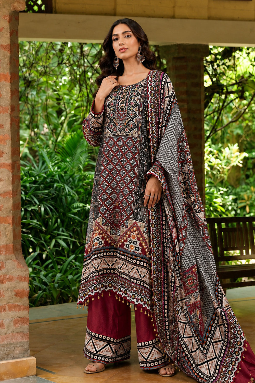 Black Crepe A Line Long Kurta Set With Printed Dupatta