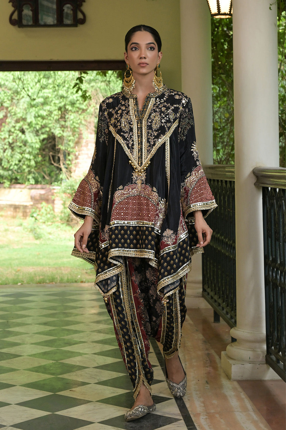 Black Crepe Draped Kurta With Printed Patiala Pants And Detailing