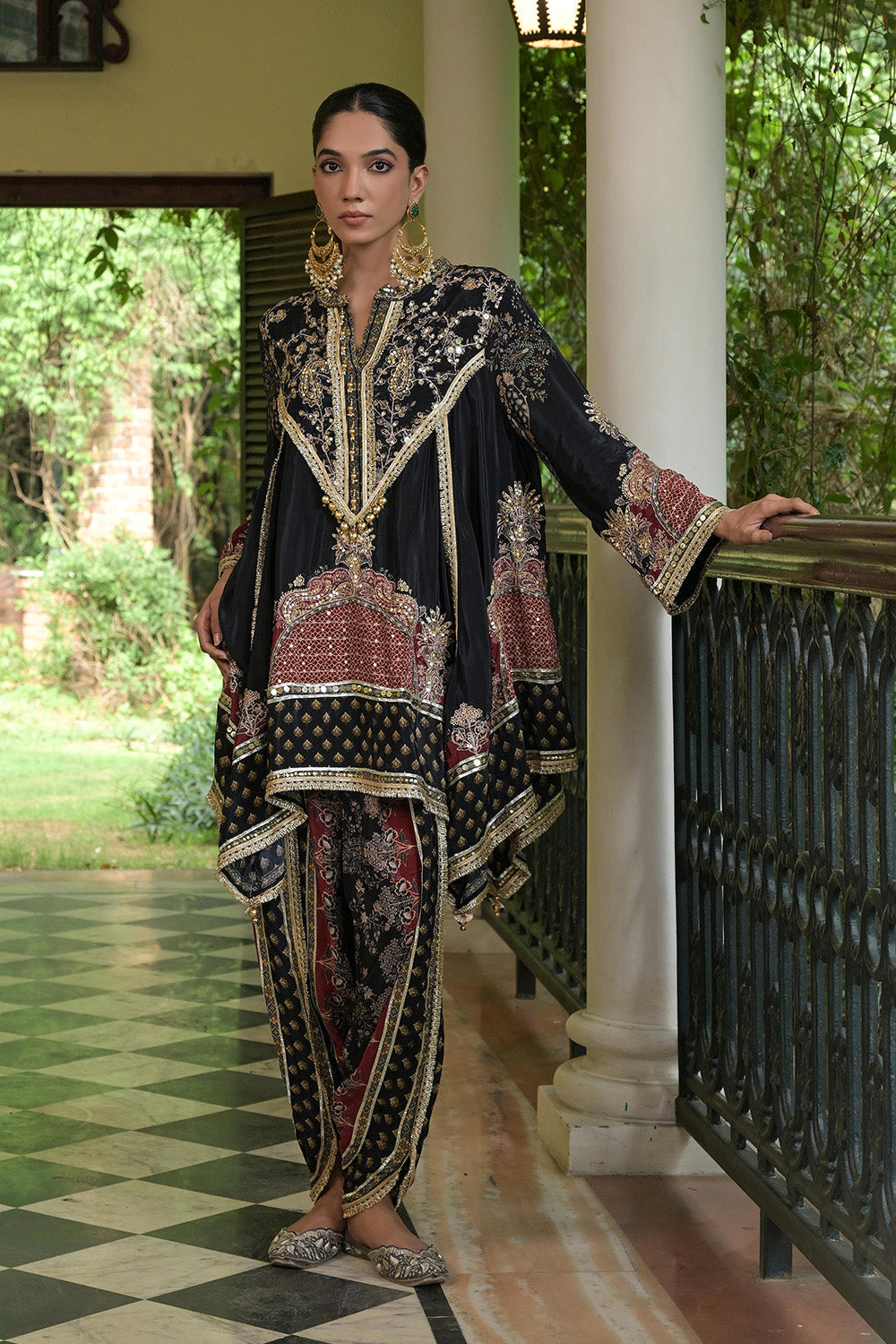 Black Crepe Draped Kurta With Printed Patiala Pants And Detailing