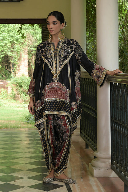 Black Crepe Draped Kurta With Printed Patiala Pants And Detailing