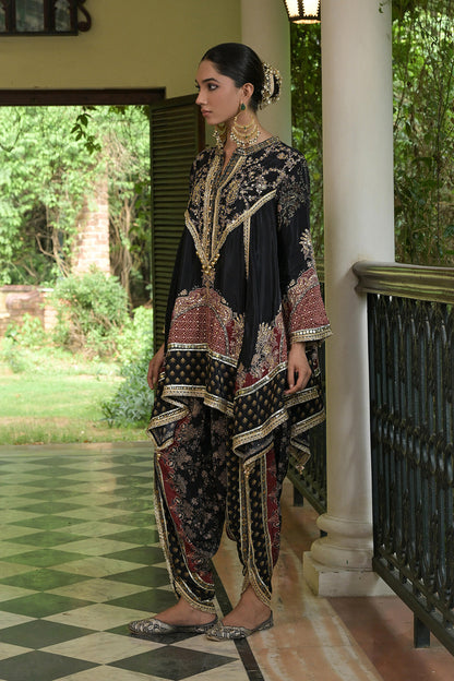Black Crepe Draped Kurta With Printed Patiala Pants And Detailing