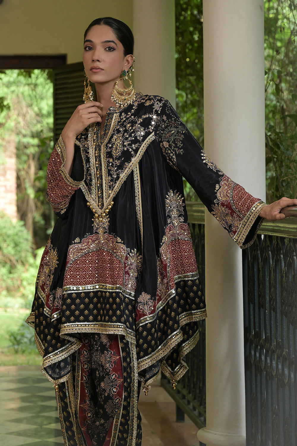 Black Crepe Draped Kurta With Printed Patiala Pants And Detailing
